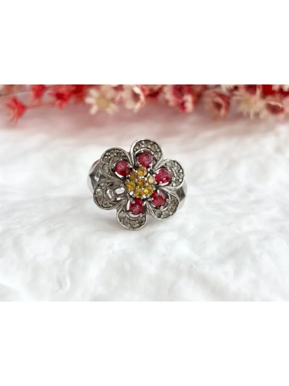 Garnet & Citrine Gemstone Floral Sterling Silver 925 Vintage Ring - sz 9.25